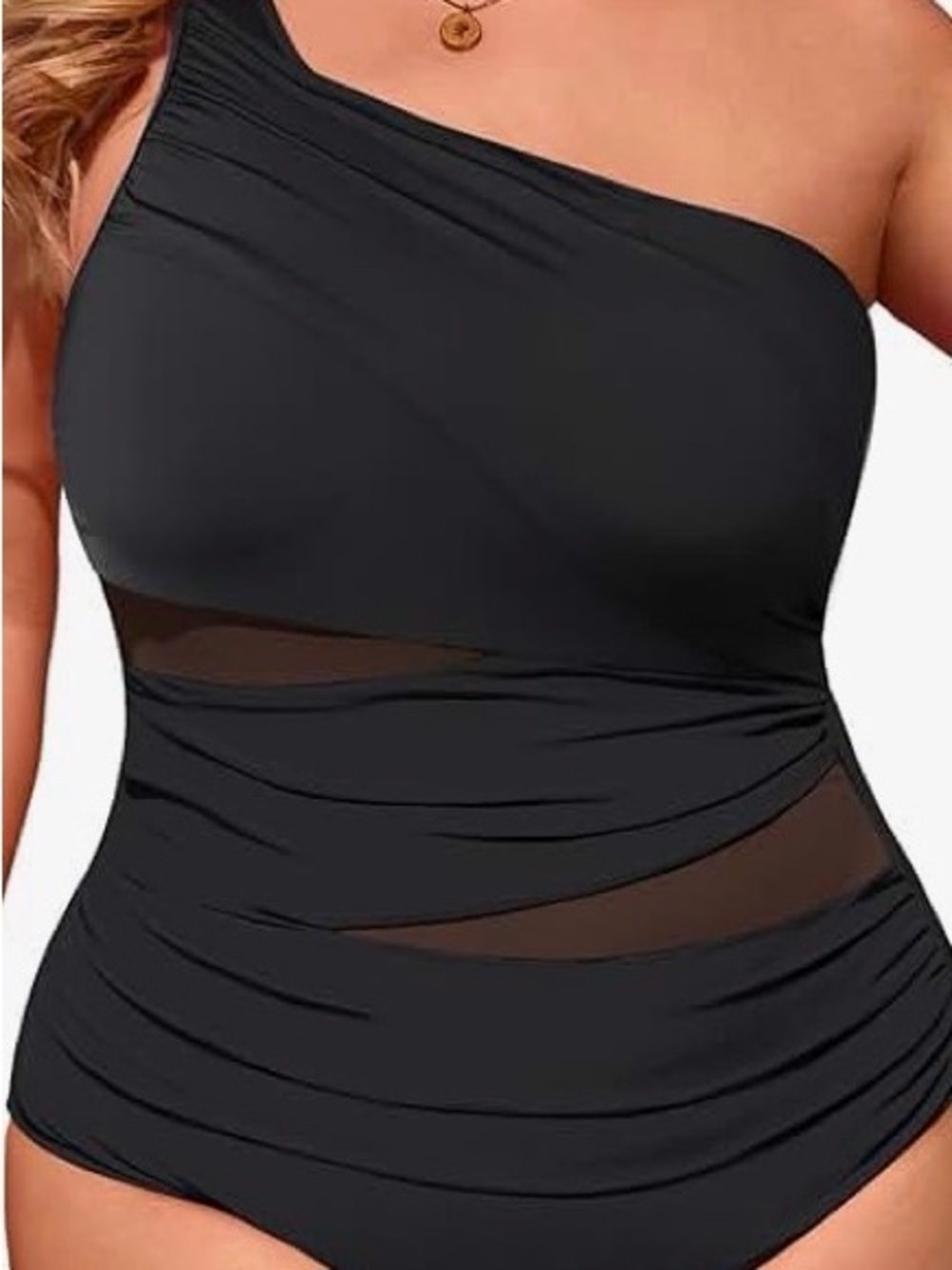 One-Shoulder Black Ruched One-Piece Swimsuit